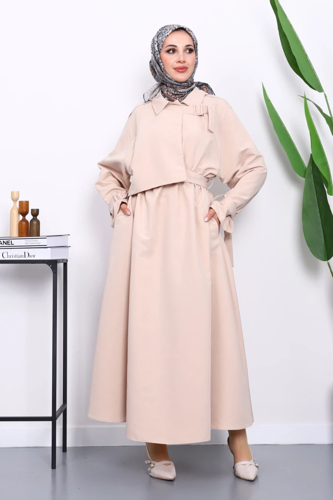 Bej Bel Lastikli Kemerli Trenç Elbise