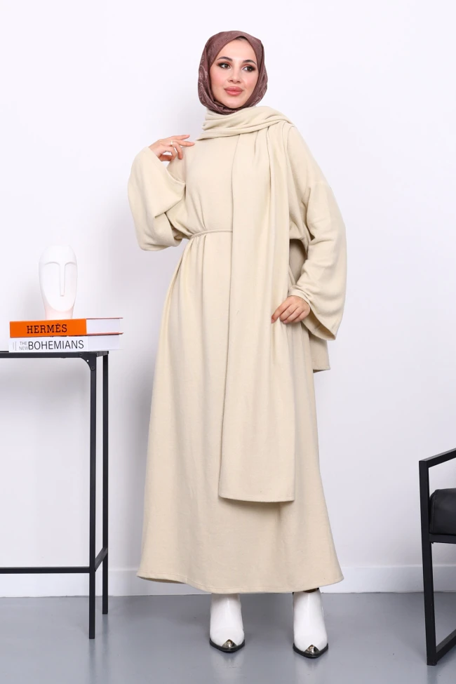 Bej Bisiklet Yaka Bel Kuşaklı Elbise