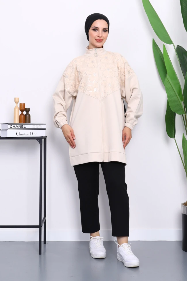 Bej Çiçek Desenli Fermuarlı Tunik