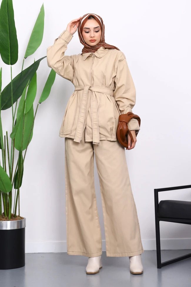 Bej Çıtçıtlı Ceket Pantolonlu Gabardin Takım