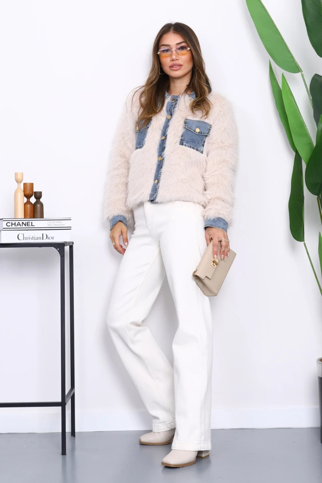 Bej Kot Detaylı Cepli Kürk Ceket