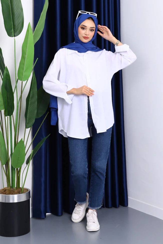 Beyaz Düğmeli Salaş Terikoton Gömlek