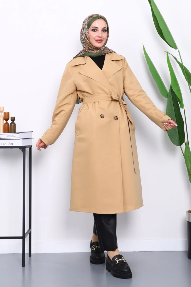 Bisküvi Kruvaze Yaka Astarlı Trençkot