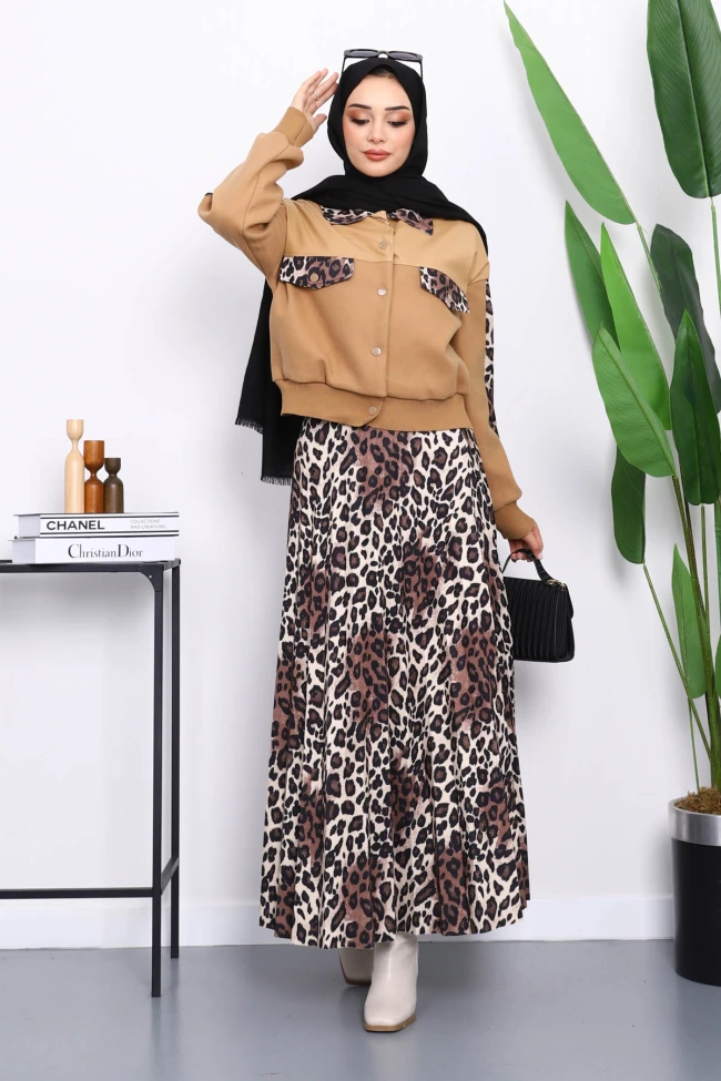 Bisküvi Leopar Desenli Ceket Etekli Takım