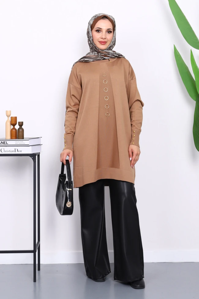 Bisküvi Ön Detaylı Soğuk İplik Triko Tunik