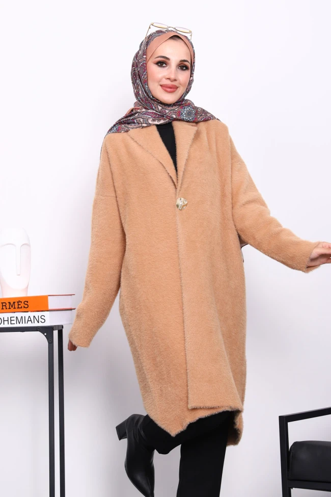 Bisküvi Tek Düğmeli Angora Yumoş Triko Hırka