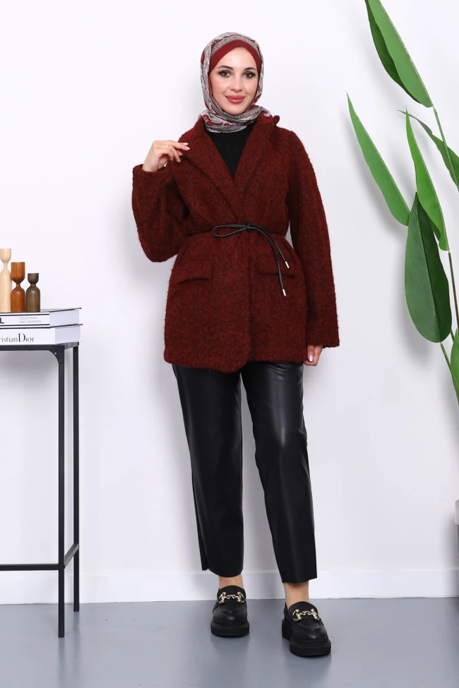 Bordo Bel Bağlamalı Cepli Keçe Ceket