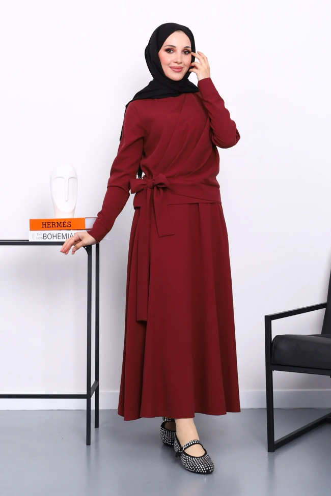 Bordo Bel Bağlamalı Etekli Takım