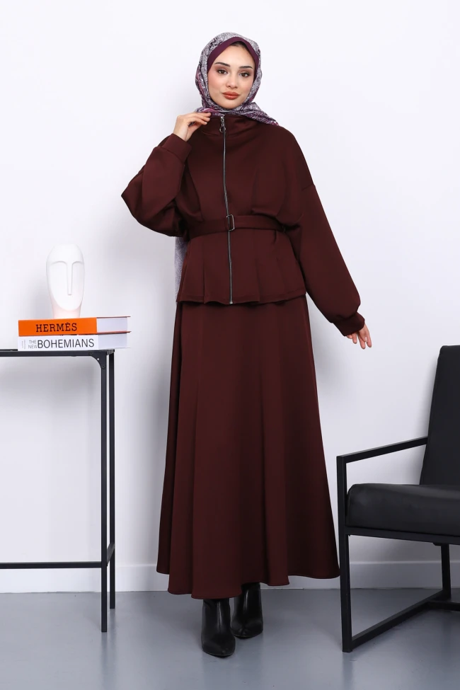 Bordo Bel Detaylı Ceket Etekli Scuba Takım