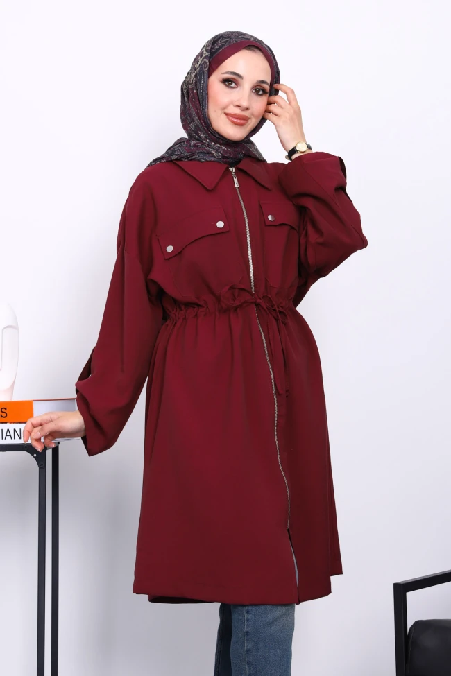 Bordo Bel Kuşaklı Çift Cepli Gabria Kap