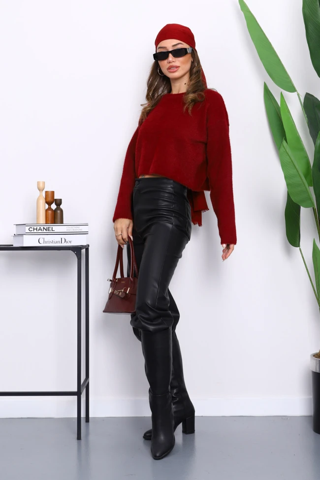 Bordo Bisiklet Yaka Angora Yumoş Crop Triko Kazak