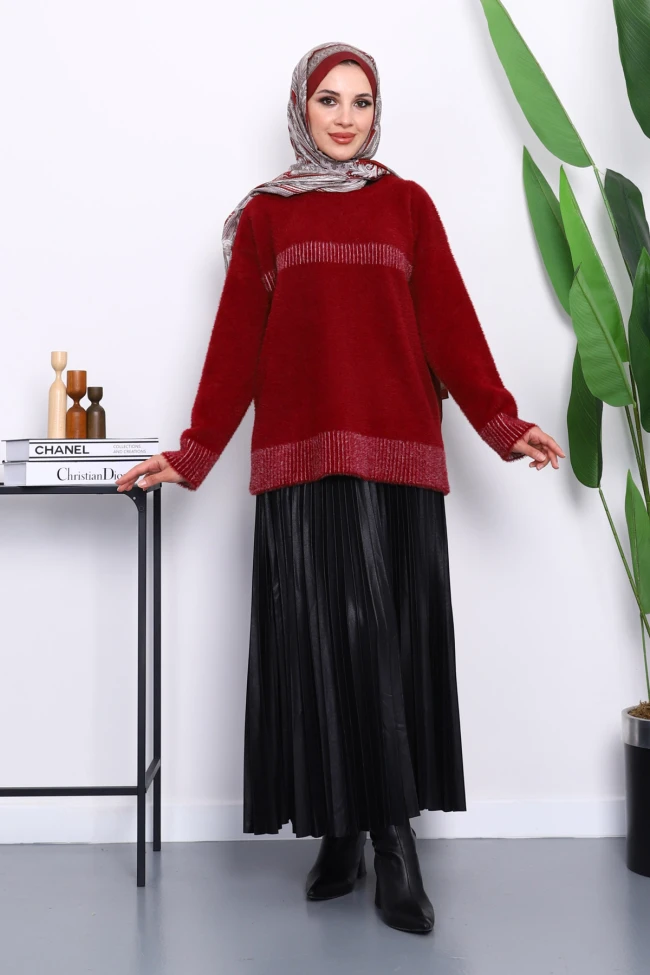 Bordo Bisiklet Yaka Çizgili Angora Yumoş Triko Kazak