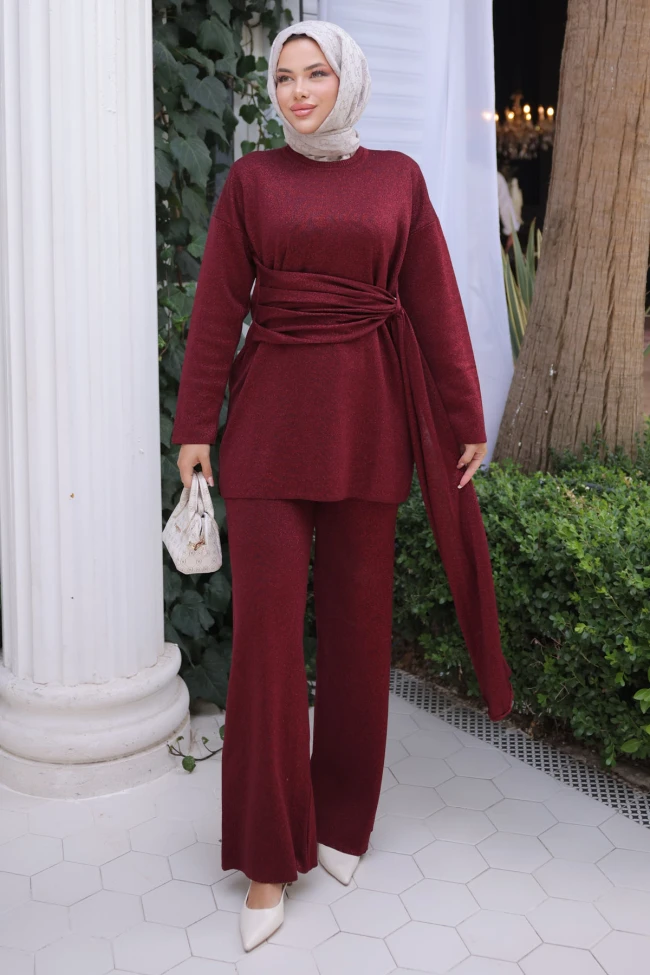 Bordo Bisiklet Yaka Simli Pantolonlu Takım