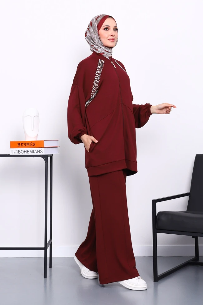 Bordo Çift Cepli Taş İşlemeli Modal Takım