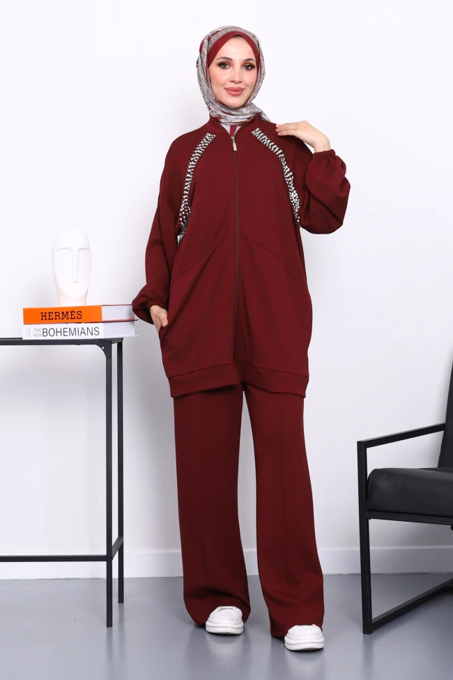 Bordo Çift Cepli Taş İşlemeli Modal Takım