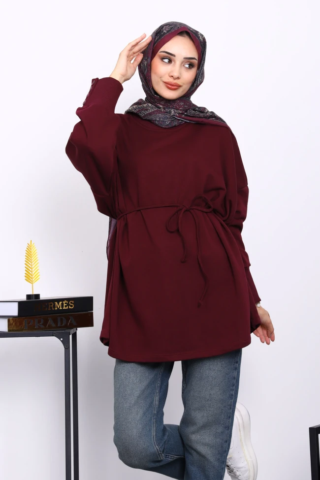 Bordo Düğme Detaylı Oversize Sweatshirt Bordo Düğme Detaylı Oversize Sweatshirt