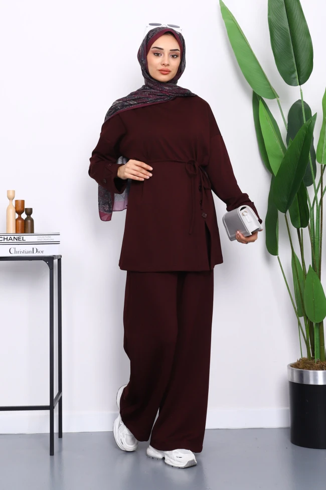 Bordo Düğme Detaylı Tunik Pantolonlu Modal Takım