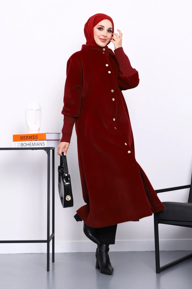 Bordo Düğmeli Kolları Triko Angora Kaban