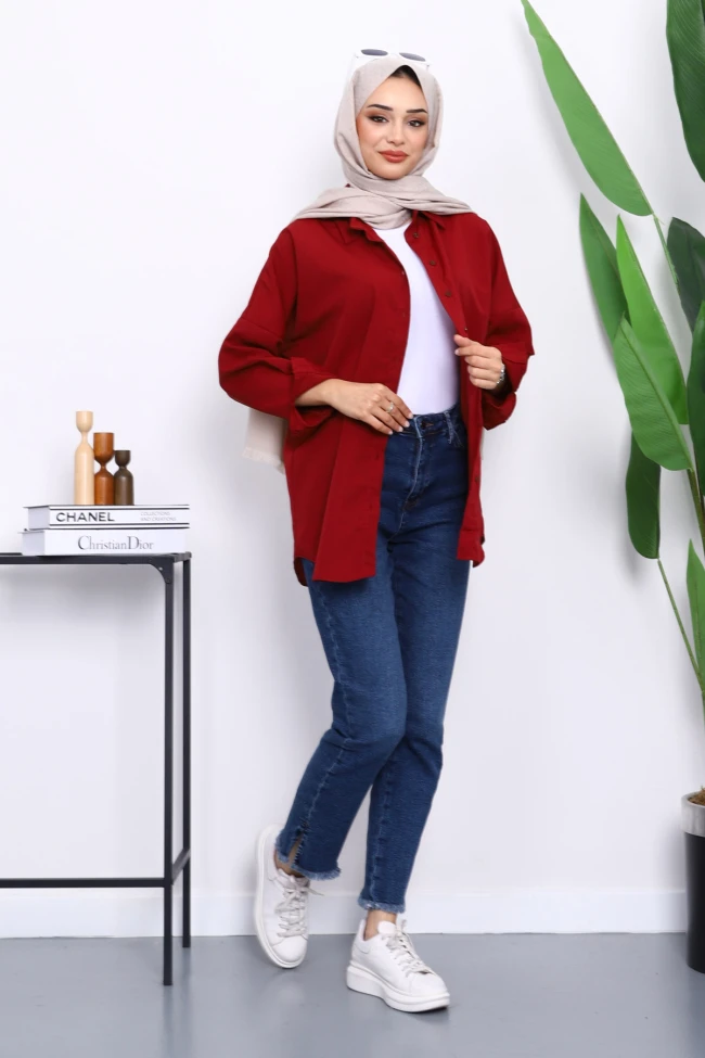 Bordo Düğmeli Salaş Terikoton Gömlek