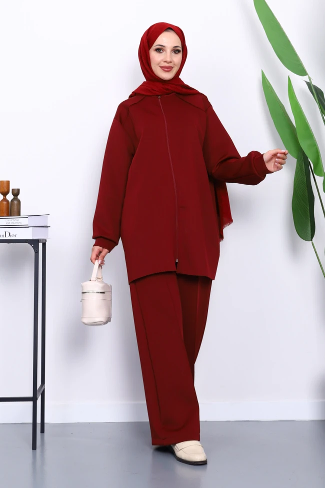 Bordo Fermuarlı Tunik Pantolonlu Takım