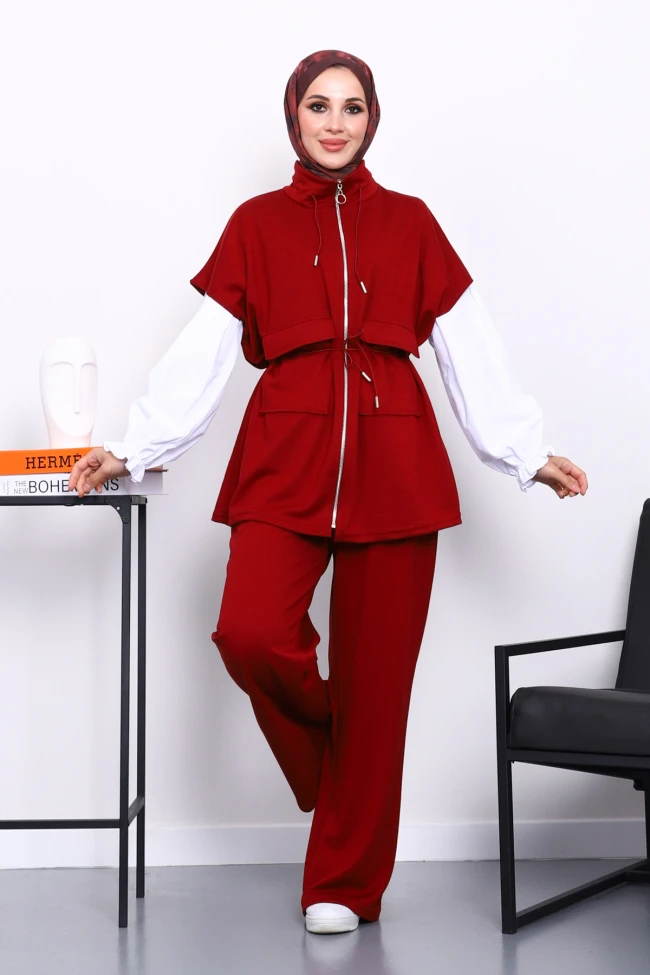 Bordo Fermuarlı Yelek Pantolonlu Modal Takım
