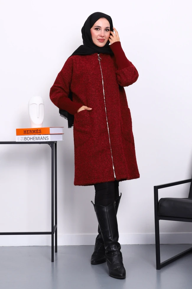 Bordo Fermuarlı Yün Kaşe Kaban