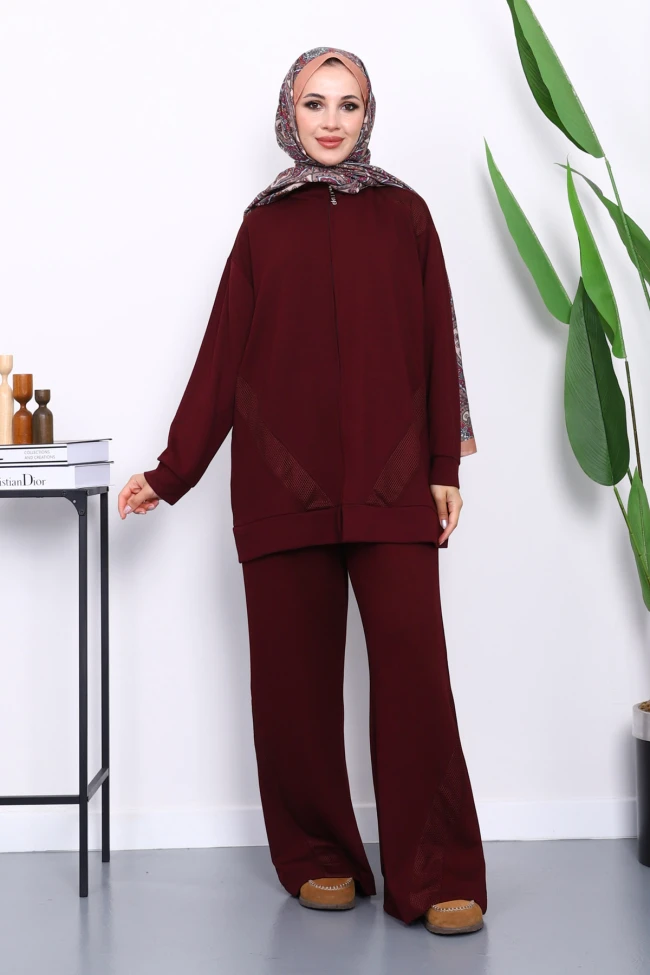 Bordo File Detaylı Fermuarlı Tunik Pantolonlu Takım