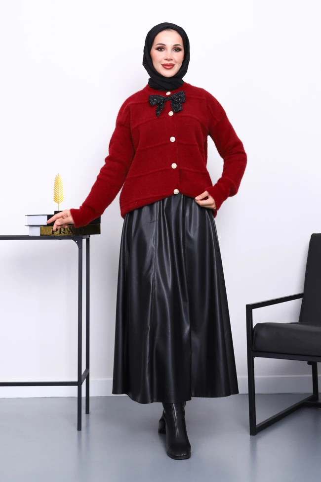 Bordo Fiyonk Detaylı Angora Yumoş Triko Hırka