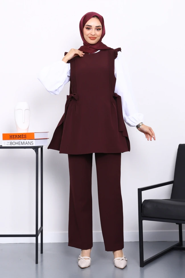 Bordo Gömlek Yelek Pantolonlu Üçlü Takım