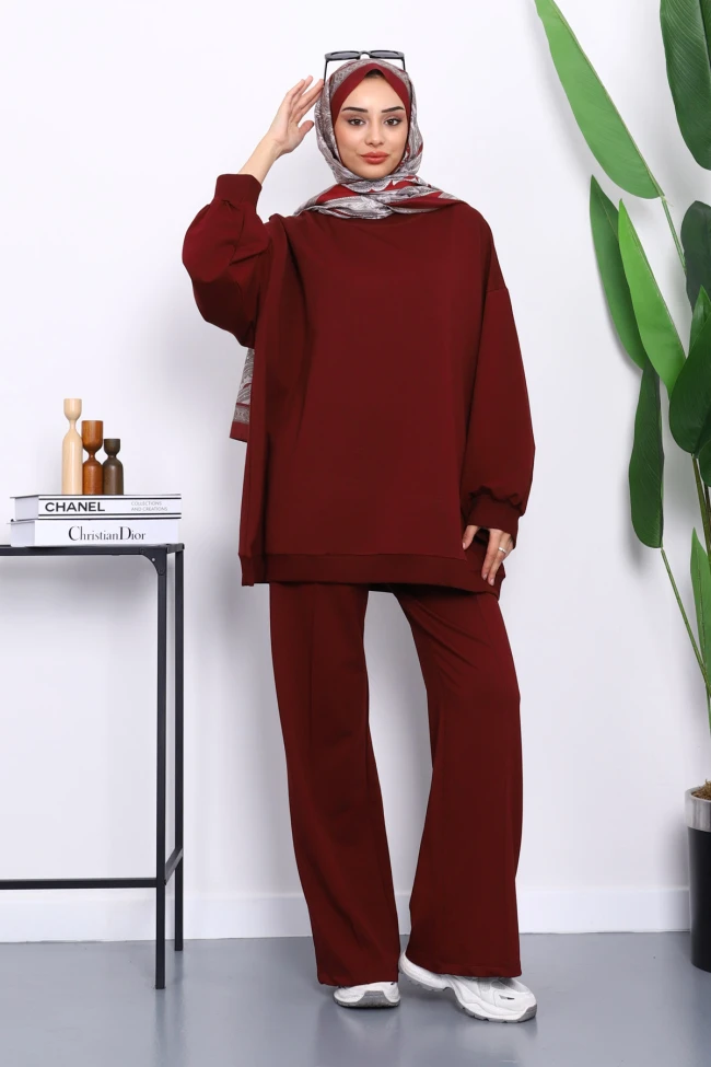Bordo İki İplik Oversize Pantolonlu Takım