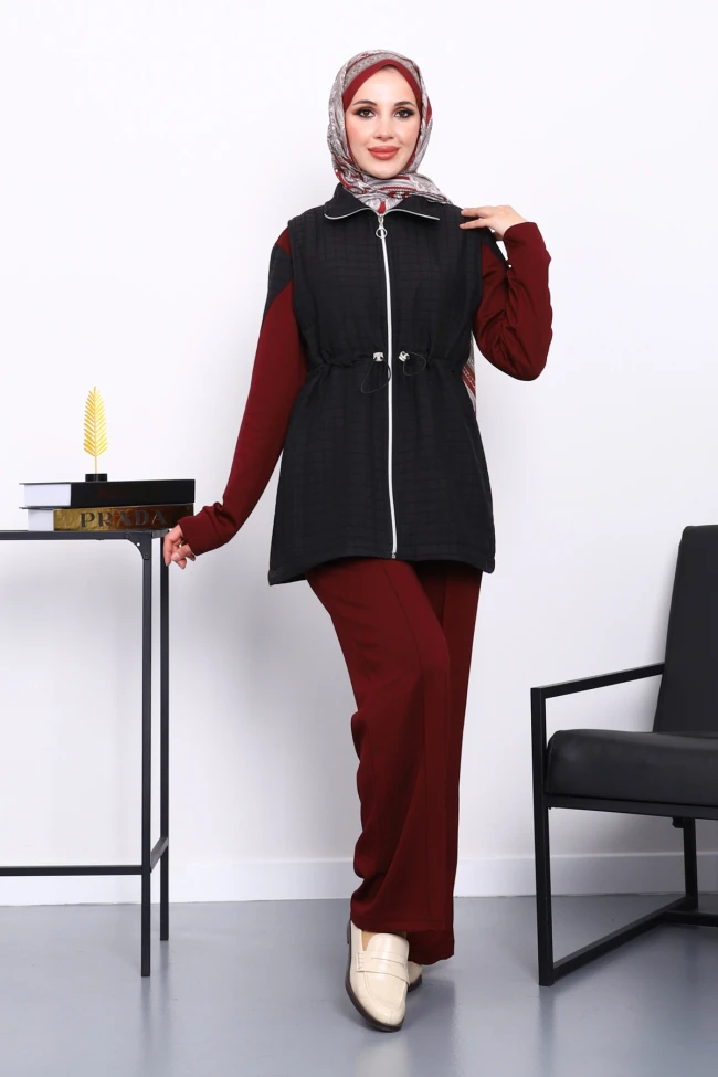 Bordo Kapitone Yelekli Tunik Pantolonlu Takım