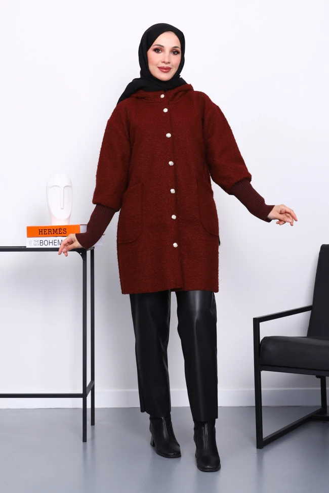 Bordo Kapşonlu Buklet Kaban