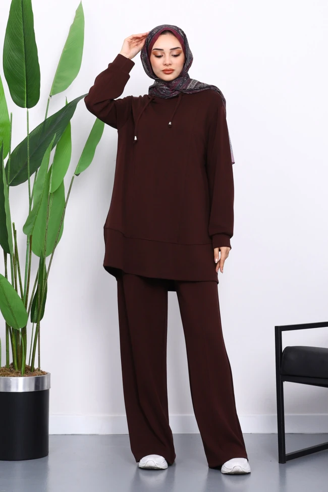 Bordo Kapşonlu Tunik Pantolonlu Takım