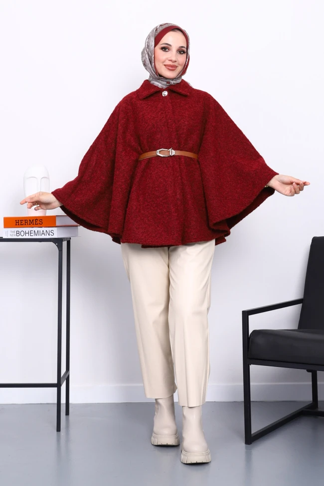 Bordo Kemerli Kaşe Panço