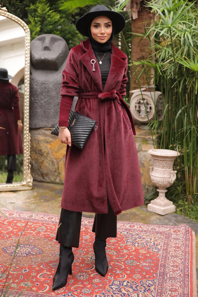 Bordo Kolları Örgü Detaylı Angora Kaban