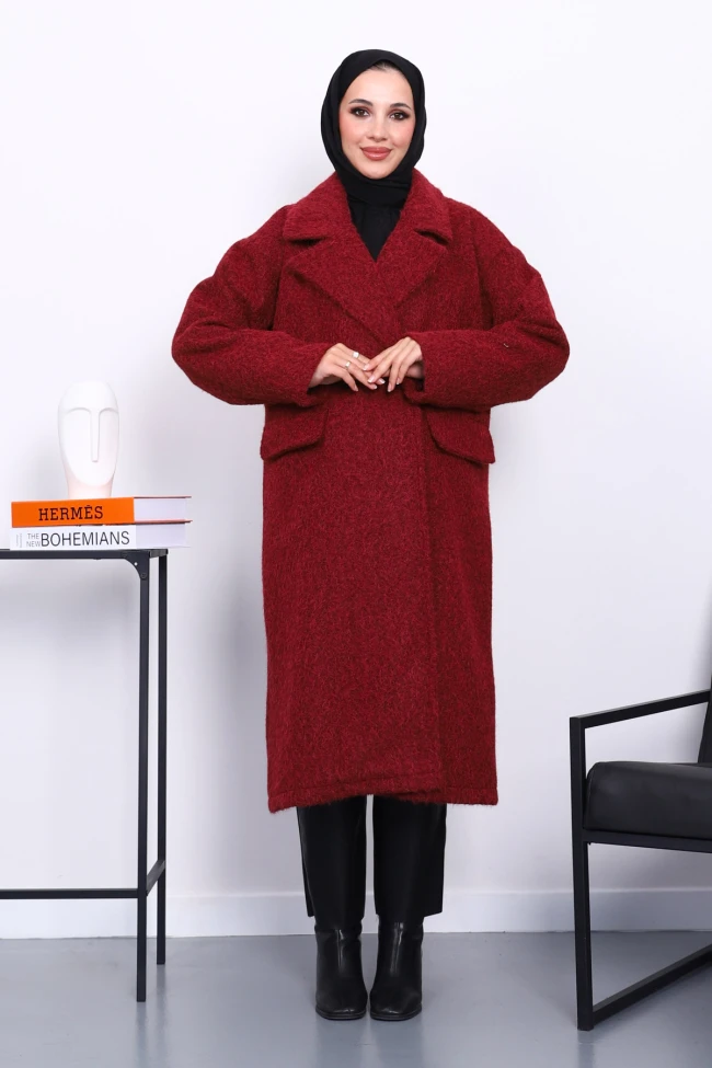 Bordo Kruvaze Yaka Astarlı Kaşe Kaban