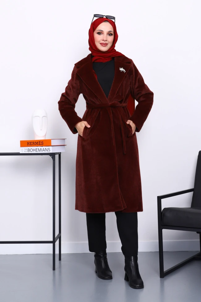 Bordo Kruvaze Yaka Cepli Angora Kaban