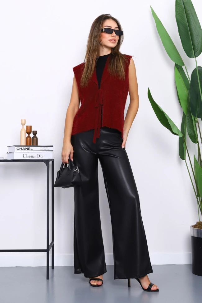 Bordo Ön Bağlamalı Kısa Angora Yumoş Yelek