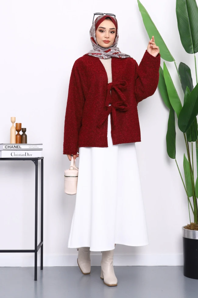 Bordo Önü Bağlamalı Keçe Kimono Ceket