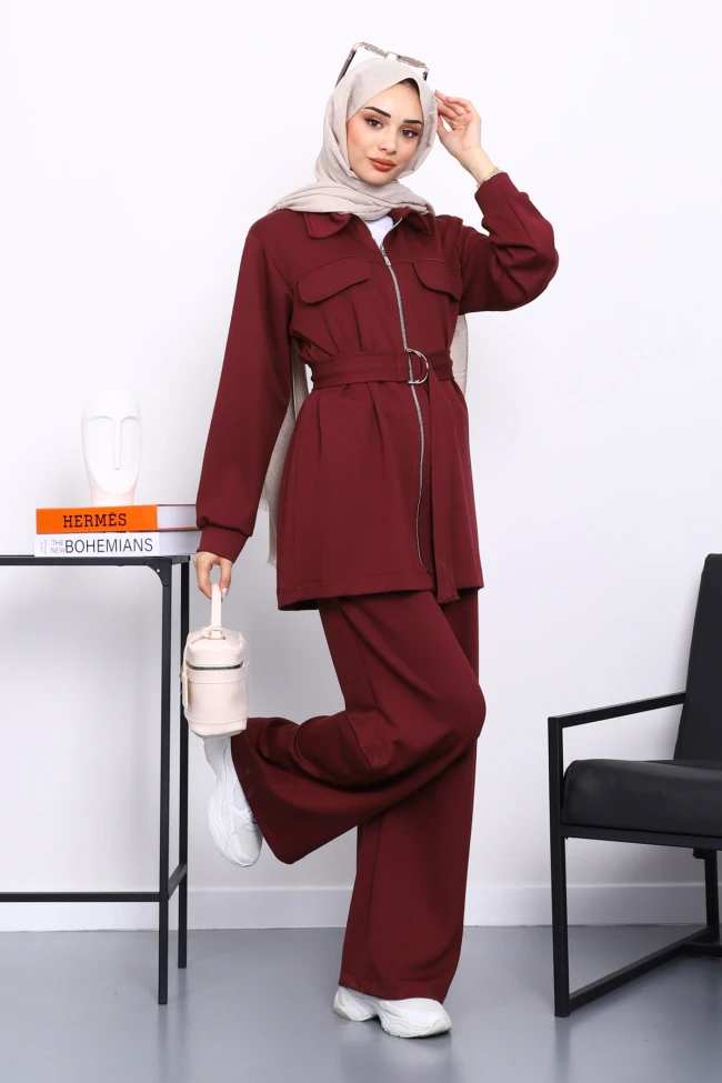 Bordo Sahte Cepli Bel Kuşaklı Modal Takım