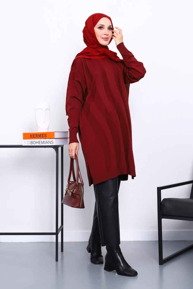 Bordo Soğuk İplik Merserize Triko Tunik