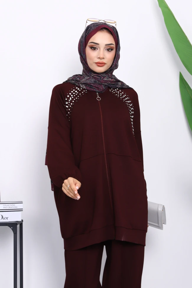 Bordo Taş Detaylı Fermuarlı Pantolonlu Tunik Modal Takım