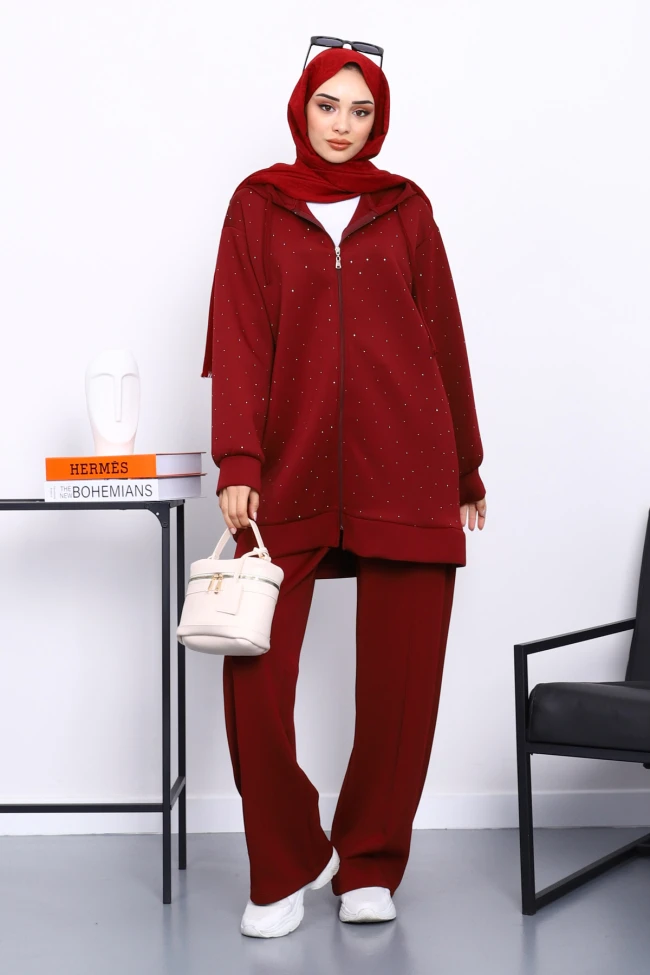 Bordo Taşlı Scuba Tunik Pantolonlu Takım
