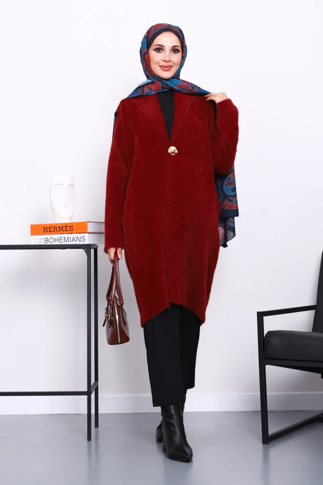 Bordo Tek Düğmeli Angora Yumoş Triko Hırka