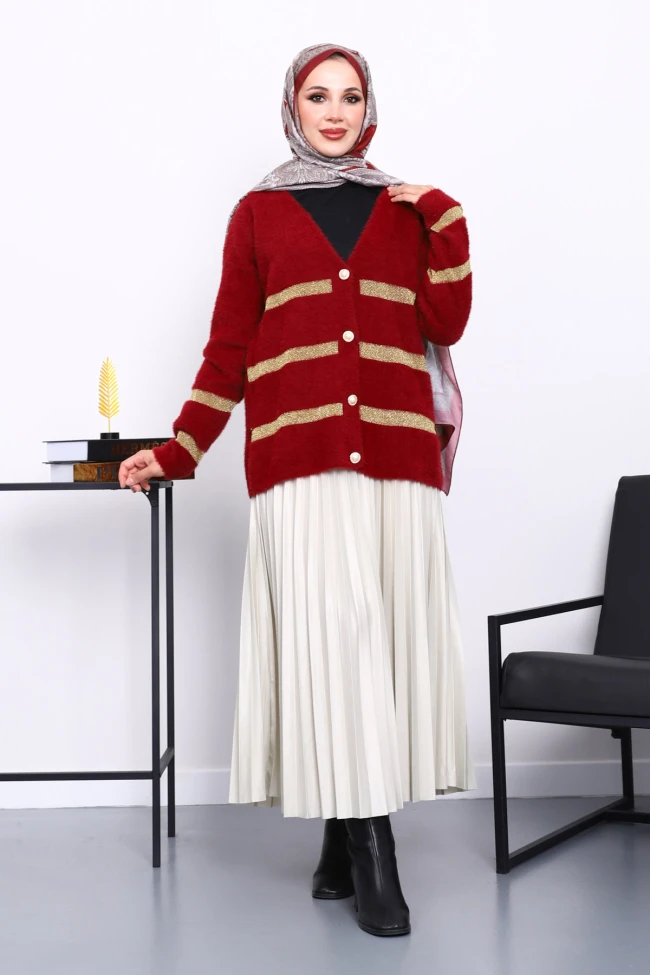 Bordo V Yaka Angora Yumoş Hırka