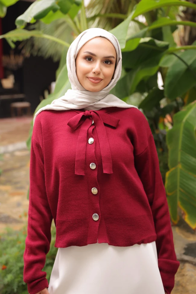 Bordo Yaka Bağlamalı Düğmeli Triko Hırka