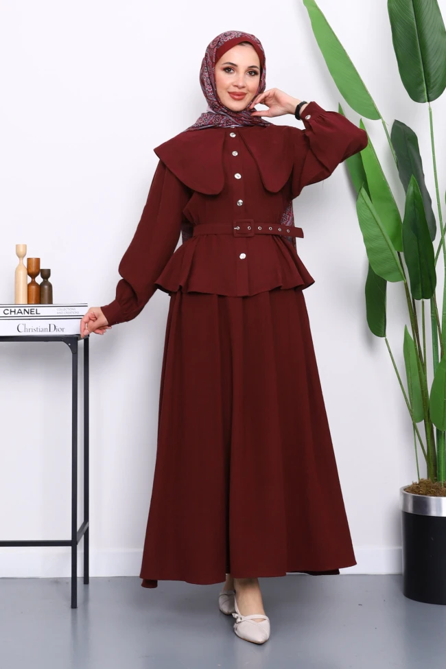 Bordo Yaka Detaylı Gömlek Etekli Takım