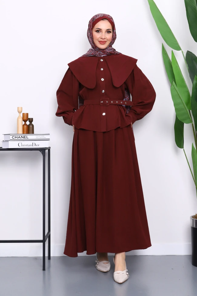 Bordo Yaka Detaylı Gömlek Etekli Takım