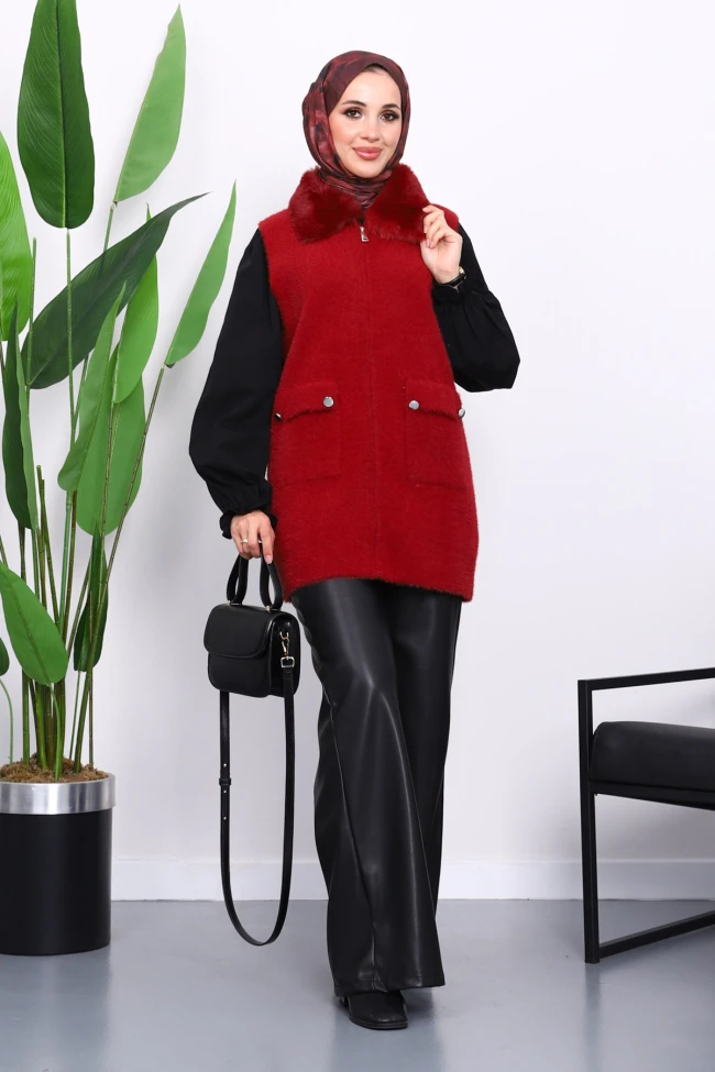 Bordo Yaka Kürklü Cepli Triko Yelek