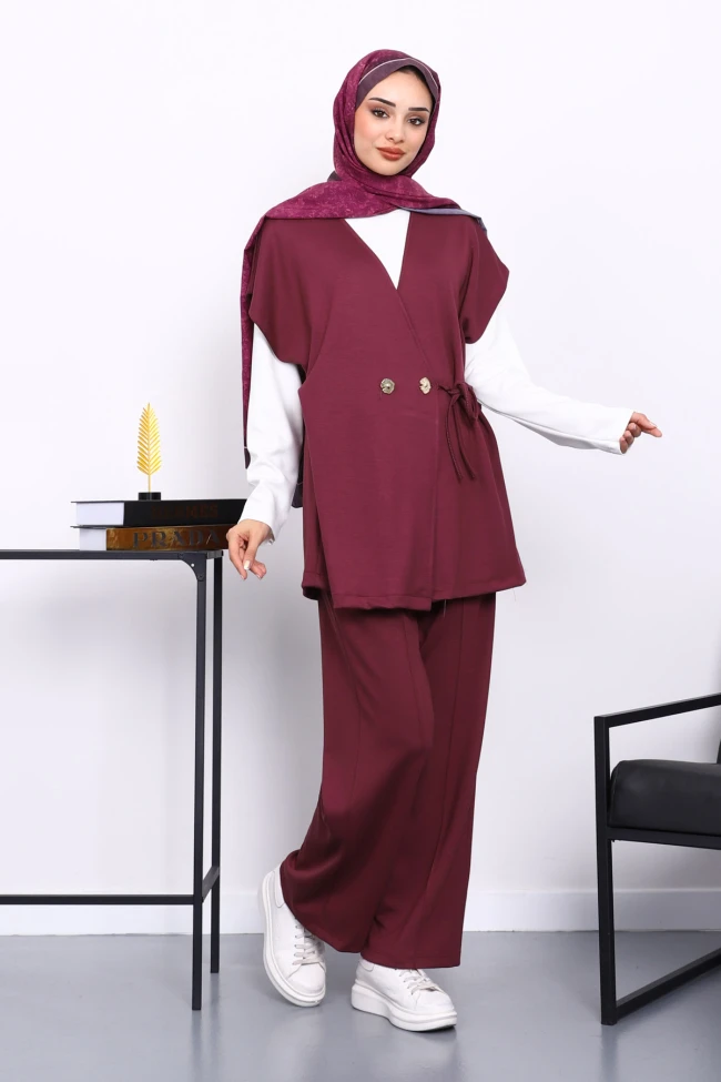 Bordo Yelekli Tunik Pantolon Üçlü Takım